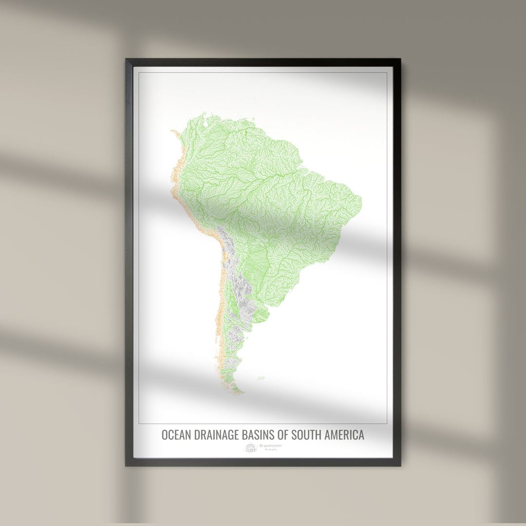 Amérique du Sud - Carte des bassins versants océaniques, blanc v1 - Tirage photo artistique
