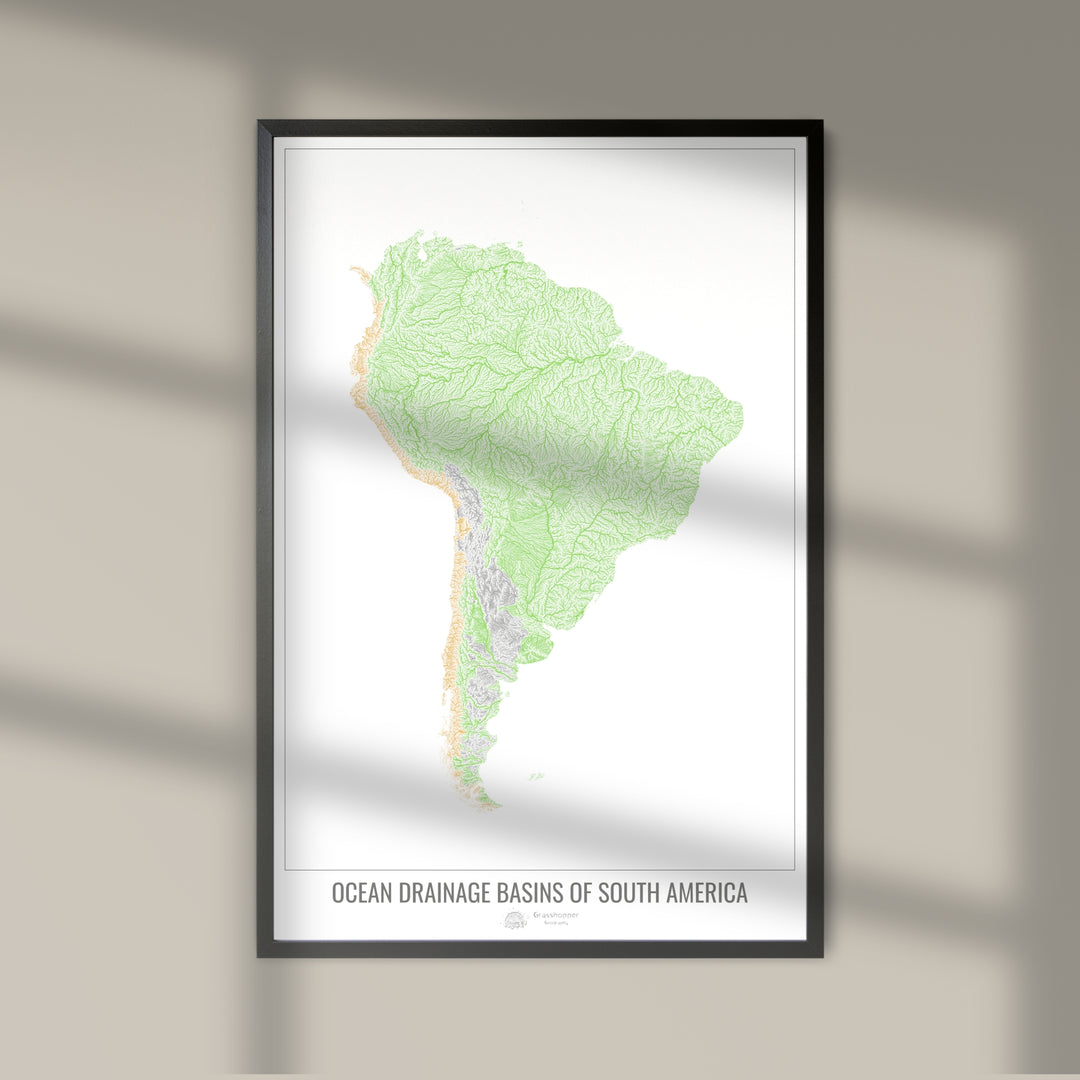 América del Sur - Mapa de la cuenca hidrográfica del océano, blanco v1 - Impresión fotográfica