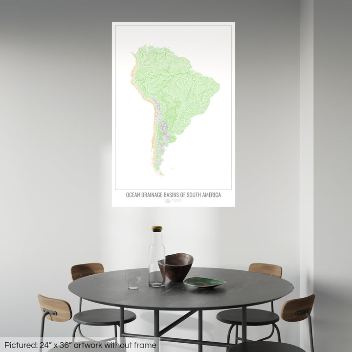 América del Sur - Mapa de la cuenca hidrográfica del océano, blanco v1 - Impresión de bellas artes