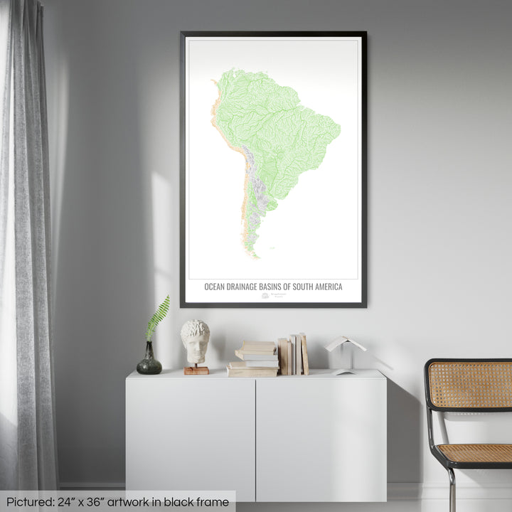 Amérique du Sud - Carte des bassins versants océaniques, blanc v1 - Impression encadrée