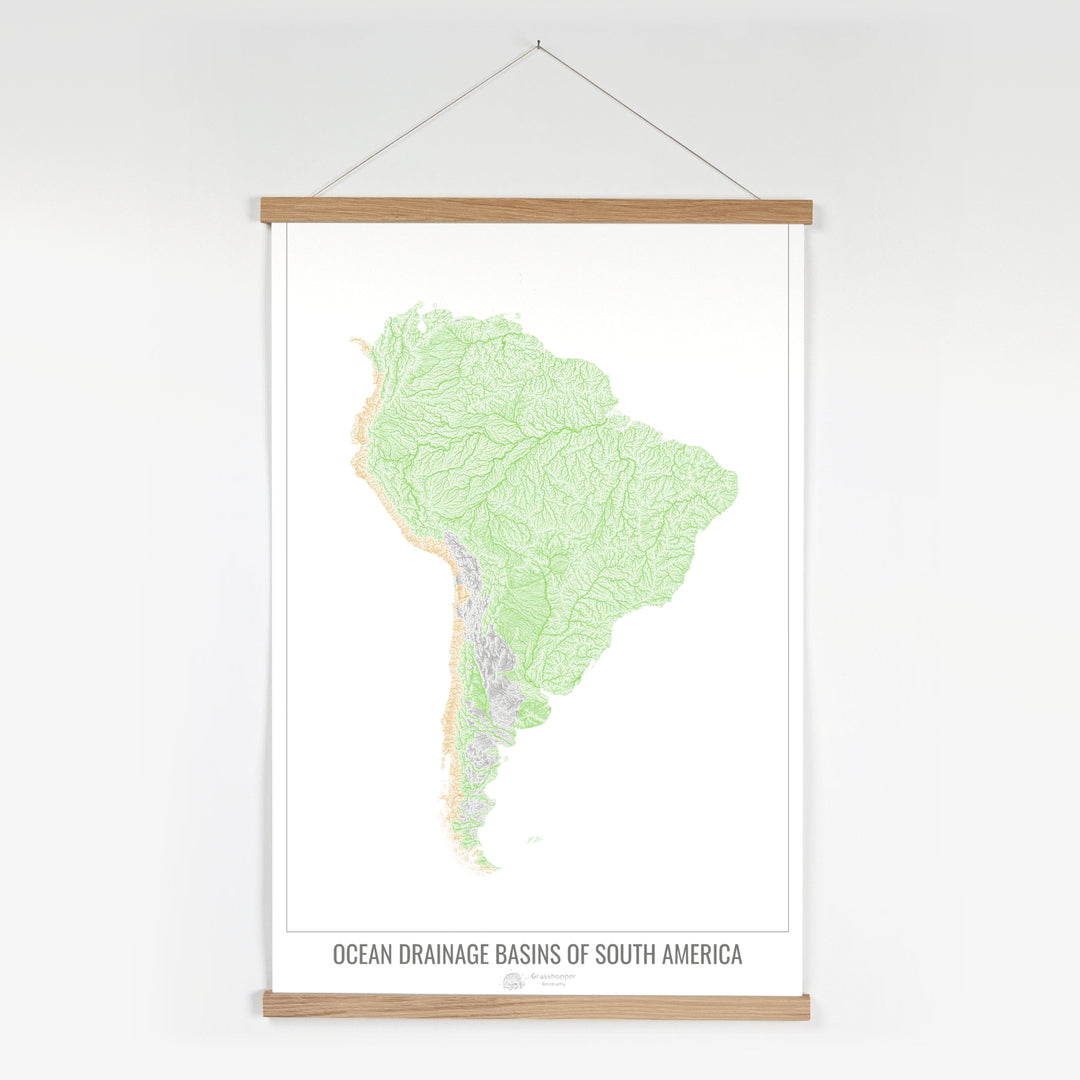 América del Sur - Mapa de la cuenca hidrográfica del océano, blanco v1 - Impresión artística con colgador