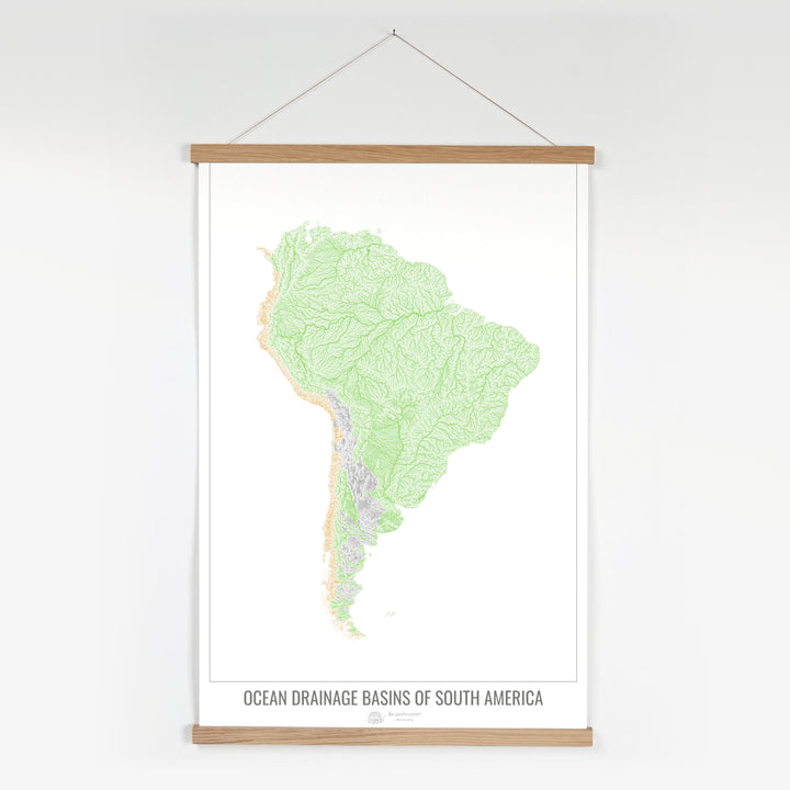 Amérique du Sud - Carte des bassins hydrographiques océaniques, blanc v1 - Tirage d'art avec cintre