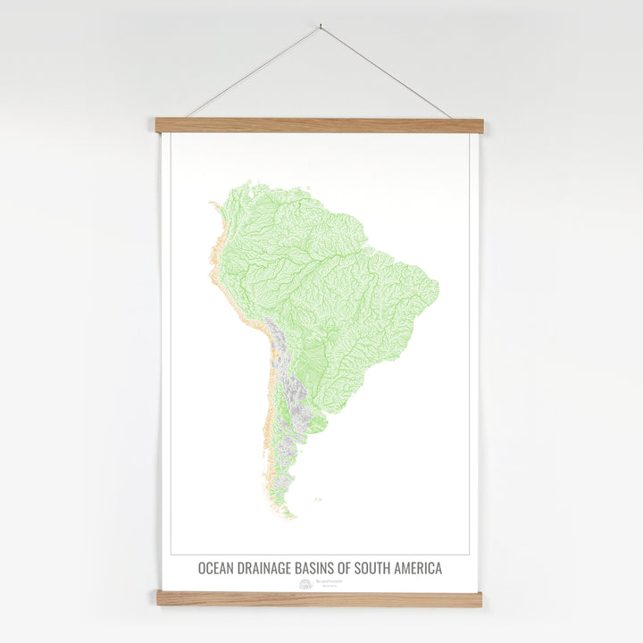 América del Sur - Mapa de la cuenca hidrográfica del océano, blanco v1 - Impresión artística con colgador