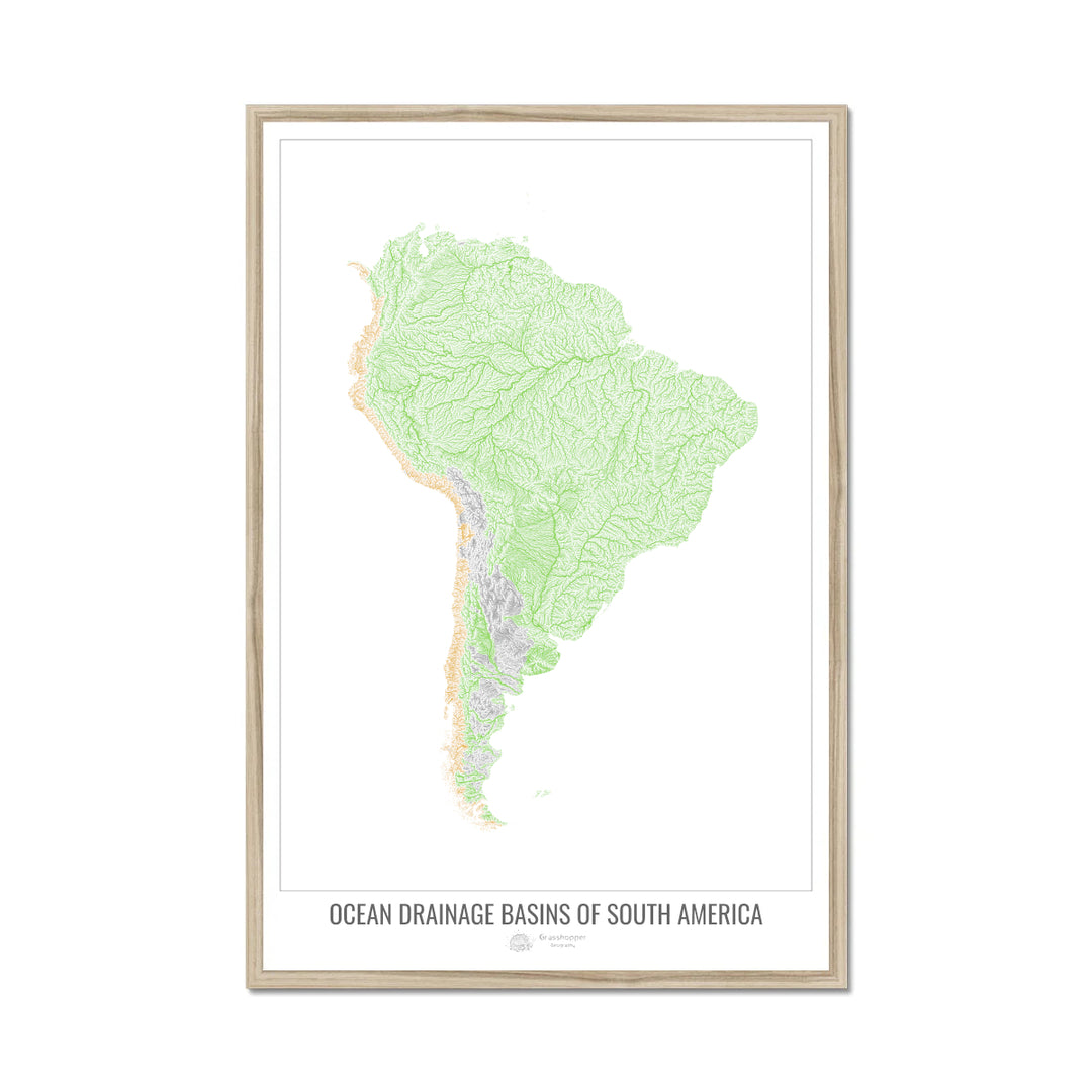 South America - Ocean drainage basin map, white v1 - Framed Print