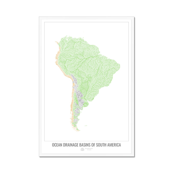South America - Ocean drainage basin map, white v1 - Framed Print