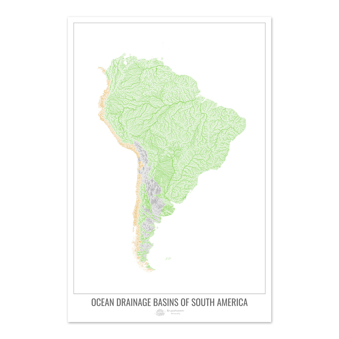 América del Sur - Mapa de la cuenca hidrográfica del océano, blanco v1 - Impresión fotográfica