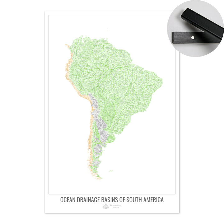 Amérique du Sud - Carte des bassins hydrographiques océaniques, blanc v1 - Tirage d'art avec cintre