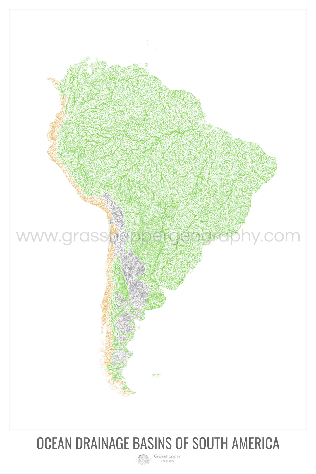 América del Sur - Mapa de la cuenca hidrográfica del océano, blanco v1 - Impresión fotográfica