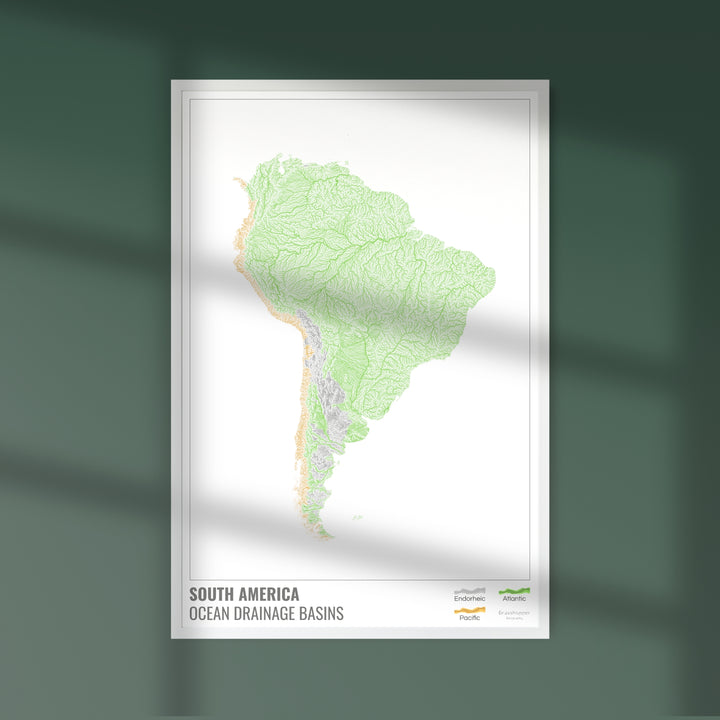 Amérique du Sud - Carte des bassins versants océaniques, blanche avec légende v1 - Fine Art Print