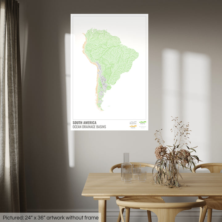 América del Sur - Mapa de la cuenca hidrográfica del océano, blanco con leyenda v1 - Impresión fotográfica