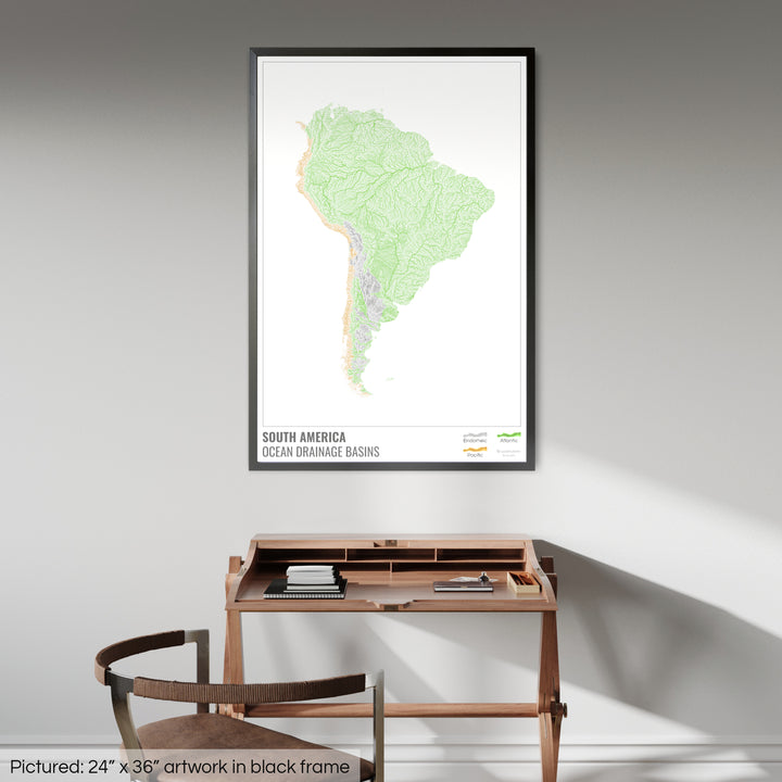 América del Sur - Mapa de la cuenca hidrográfica del océano, blanco con leyenda v1 - Lámina enmarcada