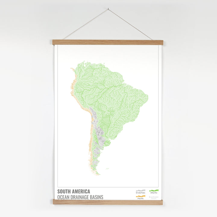 América del Sur - Mapa de la cuenca hidrográfica del océano, blanco con leyenda v1 - Impresión artística con colgador
