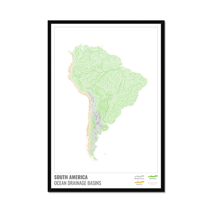 América do Sul - Mapa da bacia de drenagem oceânica, branco com legenda v1 - Impressão emoldurada