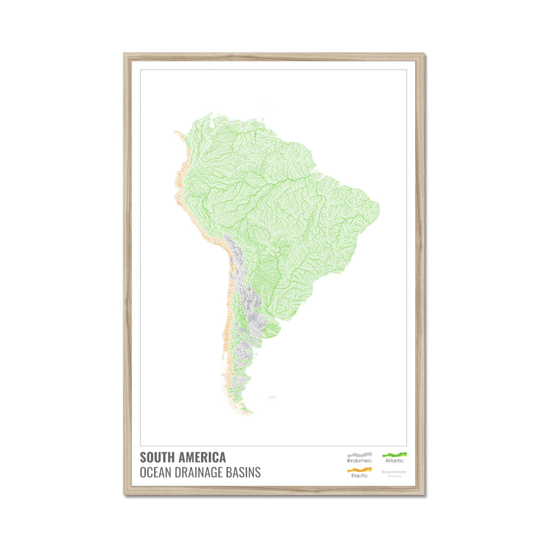 América do Sul - Mapa da bacia de drenagem oceânica, branco com legenda v1 - Impressão emoldurada