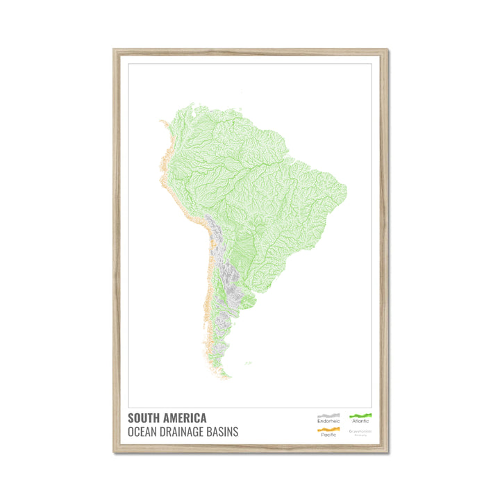 América do Sul - Mapa da bacia de drenagem oceânica, branco com legenda v1 - Impressão emoldurada
