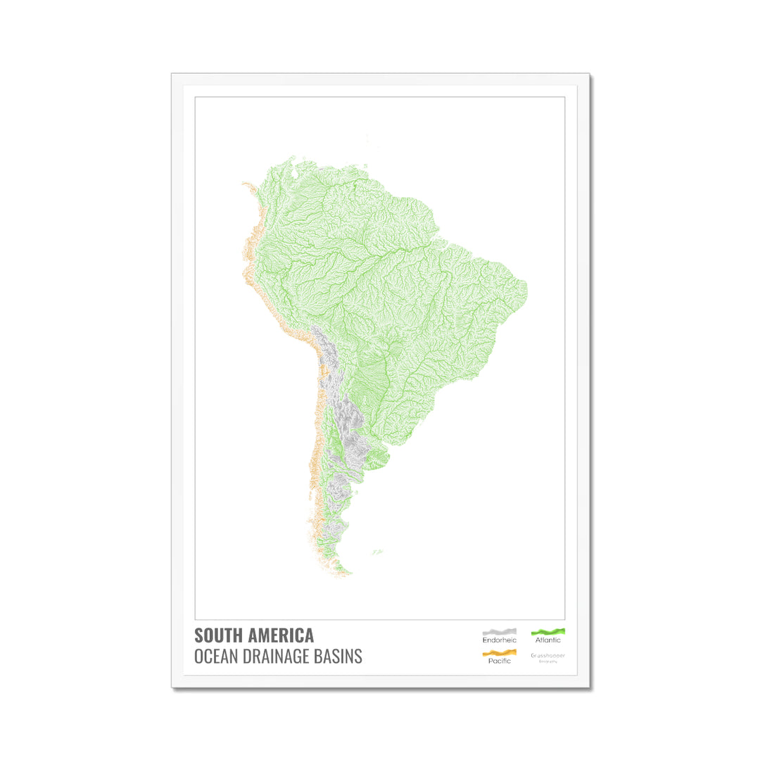 South America - Ocean drainage basin map, white with legend v1 - Framed Print