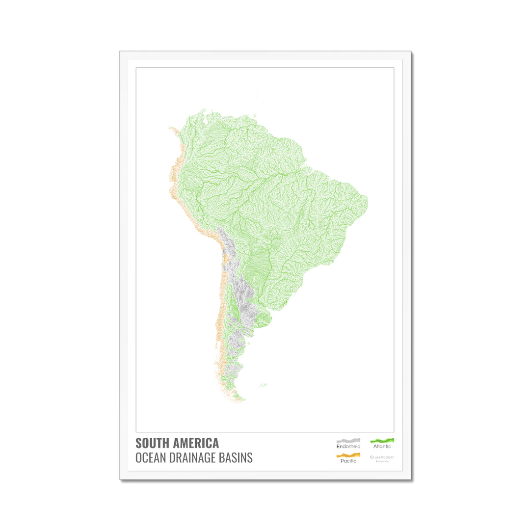 América del Sur - Mapa de la cuenca hidrográfica del océano, blanco con leyenda v1 - Lámina enmarcada