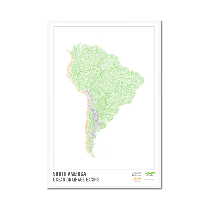 Amérique du Sud - Carte des bassins hydrographiques océaniques, blanche avec légende v1 - Impression encadrée