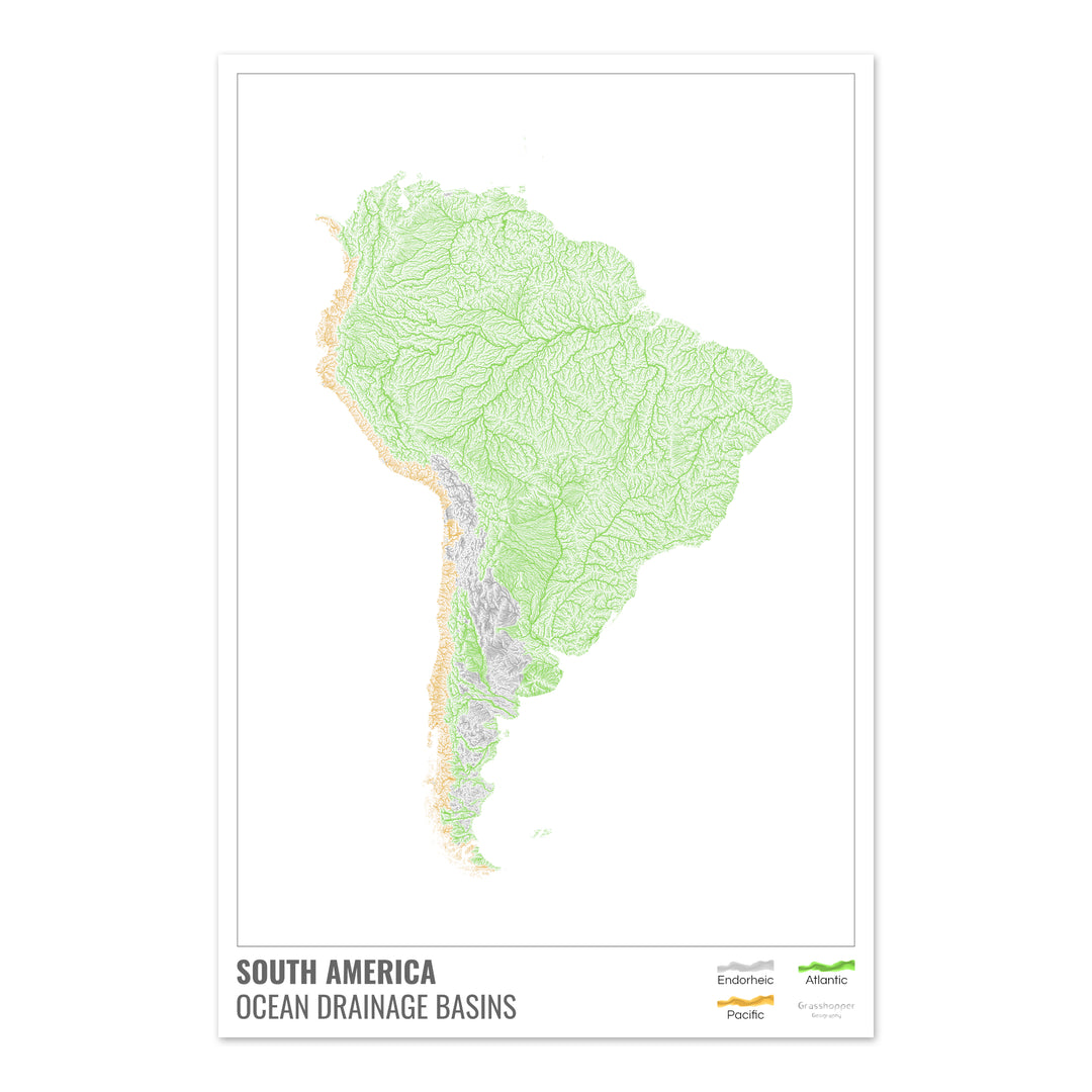 América del Sur - Mapa de la cuenca hidrográfica del océano, blanco con leyenda v1 - Impresión de bellas artes