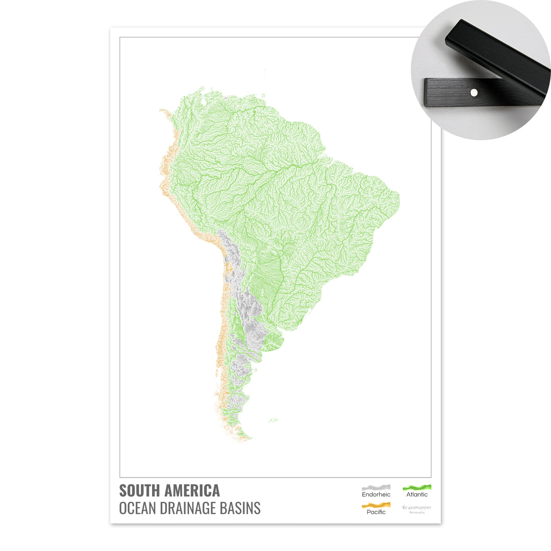 South America - Ocean drainage basin map, white with legend v1 - Fine Art Print with Hanger