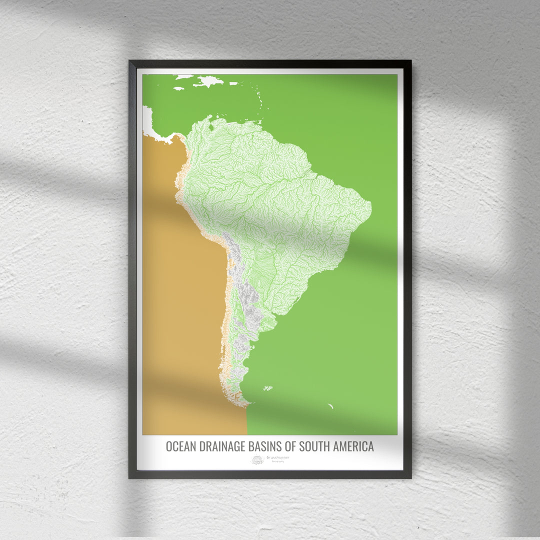 Amérique du Sud - Carte des bassins versants océaniques, blanc v2 - Fine Art Print