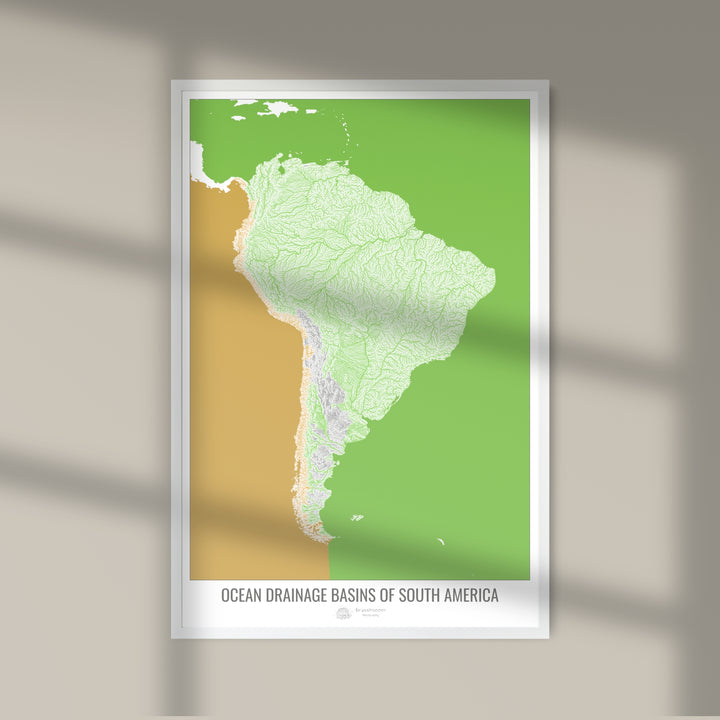 América del Sur - Mapa de la cuenca hidrográfica del océano, blanco v2 - Impresión fotográfica