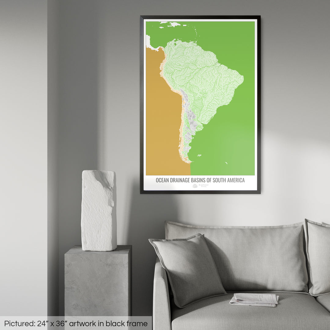 South America - Ocean drainage basin map, white v2 - Framed Print