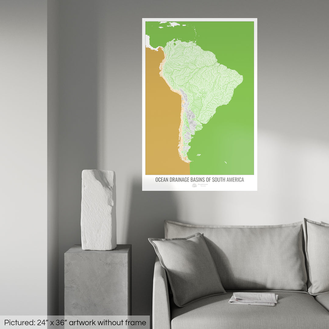 Amérique du Sud - Carte des bassins hydrographiques océaniques, blanc v2 - Tirage photo artistique
