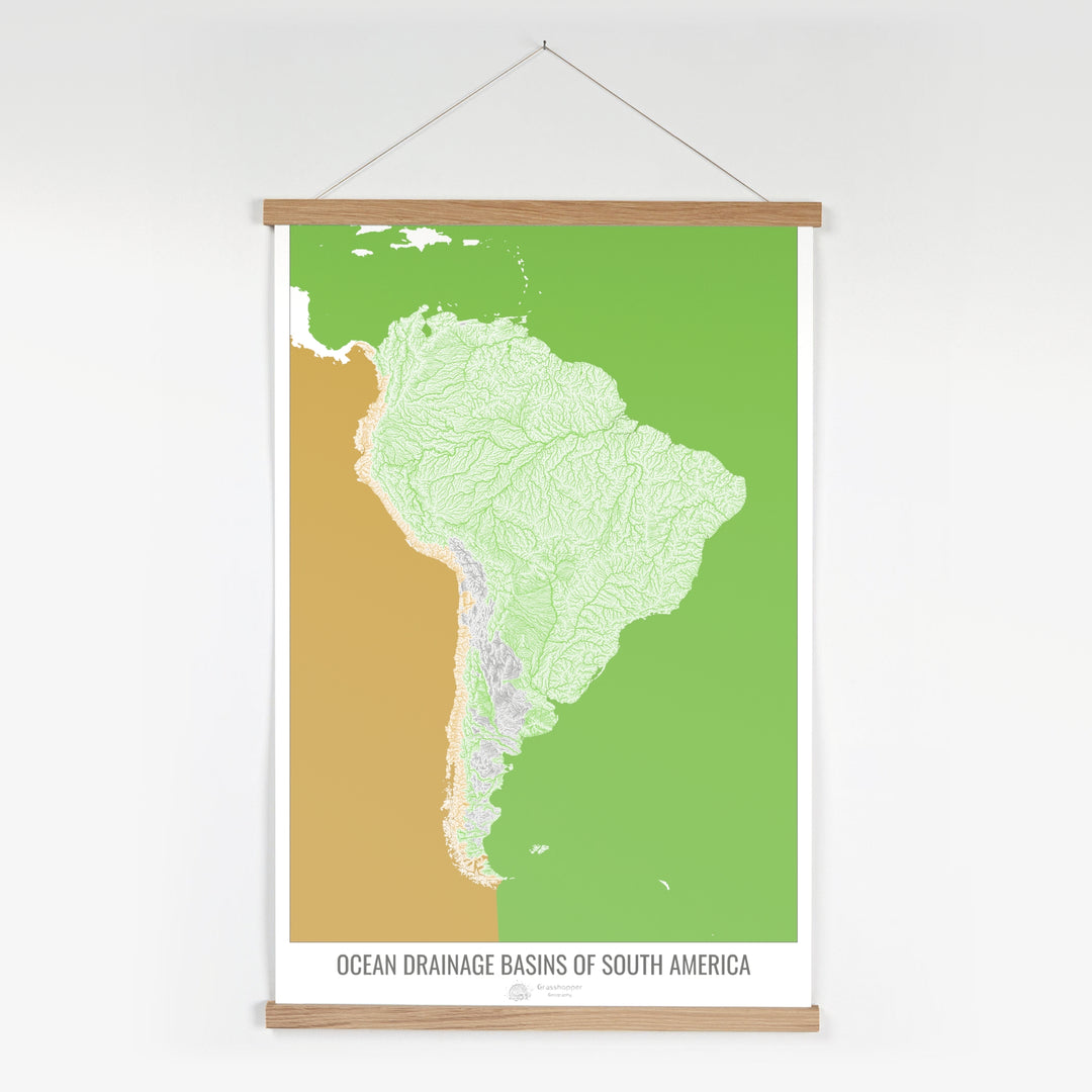 América del Sur - Mapa de la cuenca hidrográfica del océano, blanco v2 - Impresión artística con colgador
