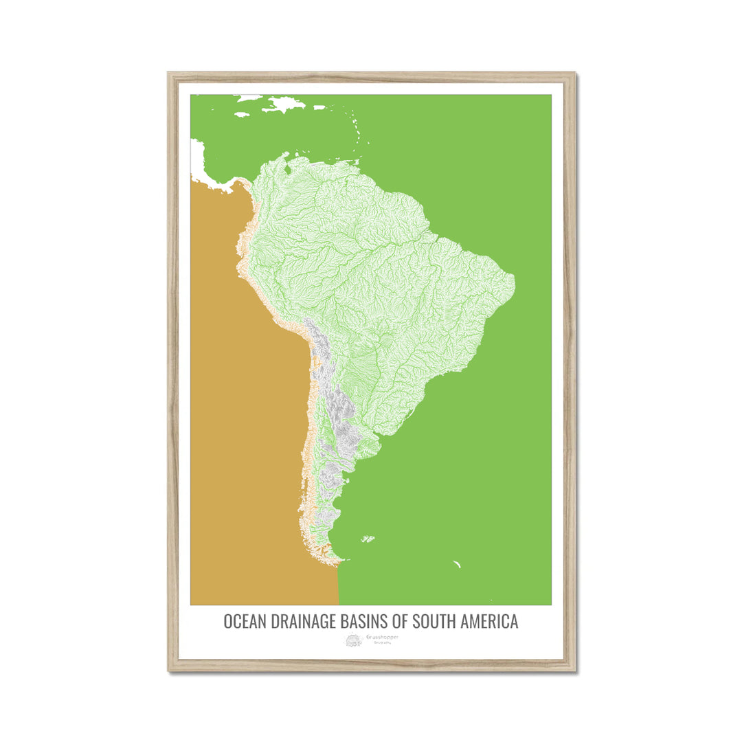 América del Sur - Mapa de la cuenca hidrográfica del océano, blanco v2 - Lámina enmarcada
