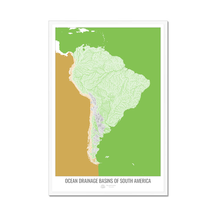 South America - Ocean drainage basin map, white v2 - Framed Print