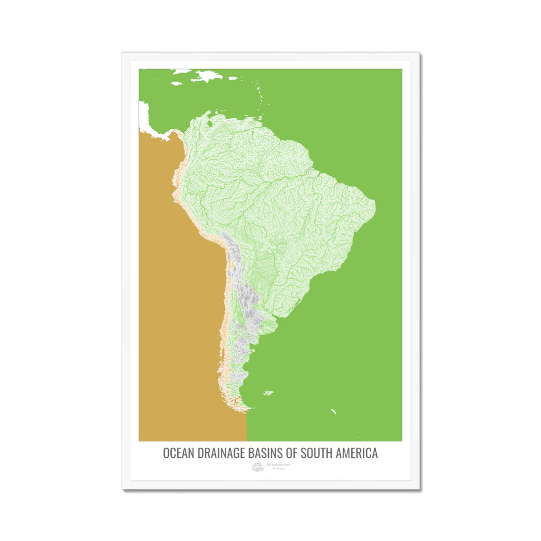 Amérique du Sud - Carte des bassins versants océaniques, blanc v2 - Impression encadrée
