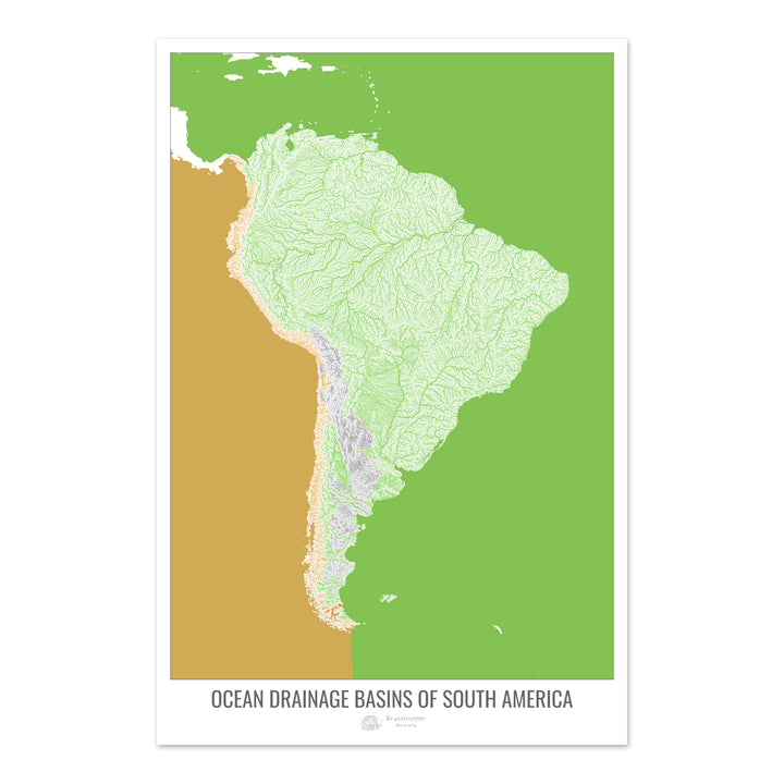 Amérique du Sud - Carte des bassins versants océaniques, blanc v2 - Fine Art Print