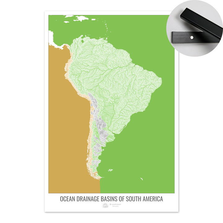 Amérique du Sud - Carte des bassins hydrographiques océaniques, blanc v2 - Tirage d'art avec cintre