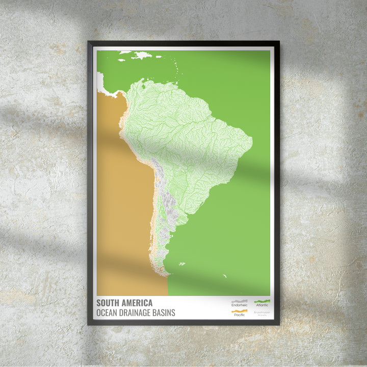 South America - Ocean drainage basin map, white with legend v2 - Fine Art Print