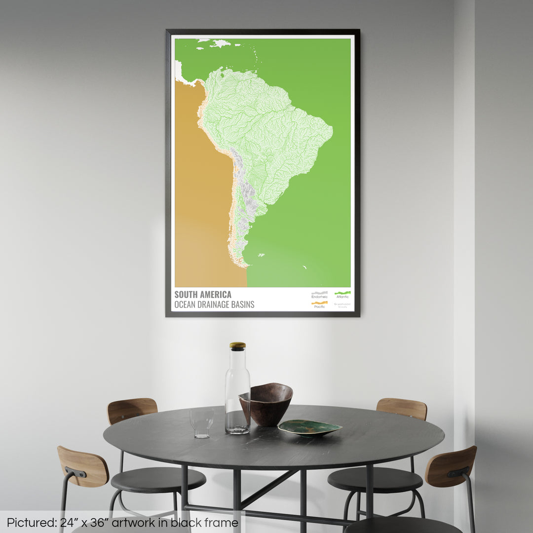 Amérique du Sud - Carte des bassins hydrographiques océaniques, blanche avec légende v2 - Impression encadrée