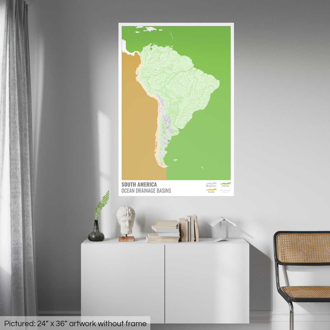 Amérique du Sud - Carte des bassins versants océaniques, blanche avec légende v2 - Fine Art Print