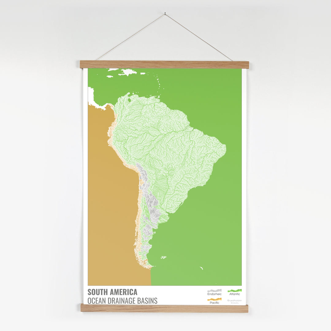 Amérique du Sud - Carte des bassins versants océaniques, blanche avec légende v2 - Tirage d'art avec cintre
