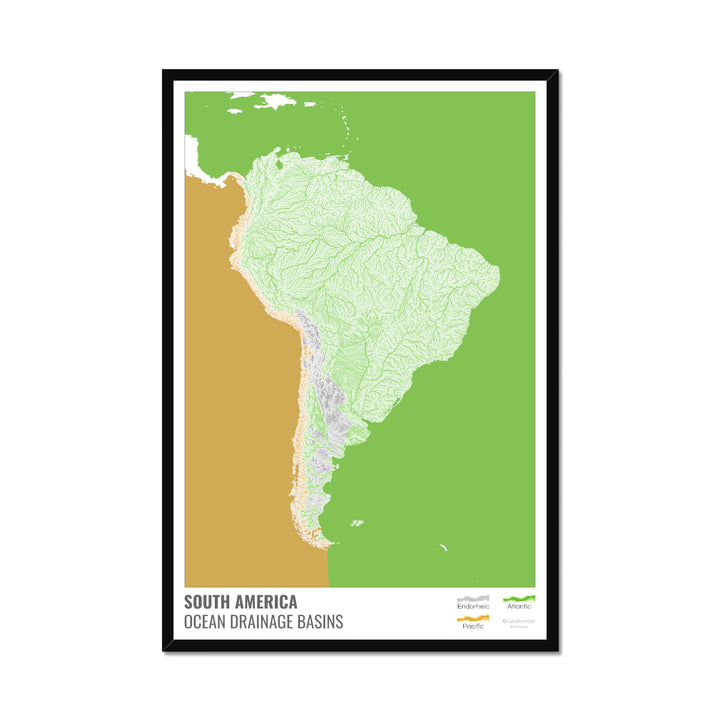 América del Sur - Mapa de la cuenca hidrográfica del océano, blanco con leyenda v2 - Lámina enmarcada