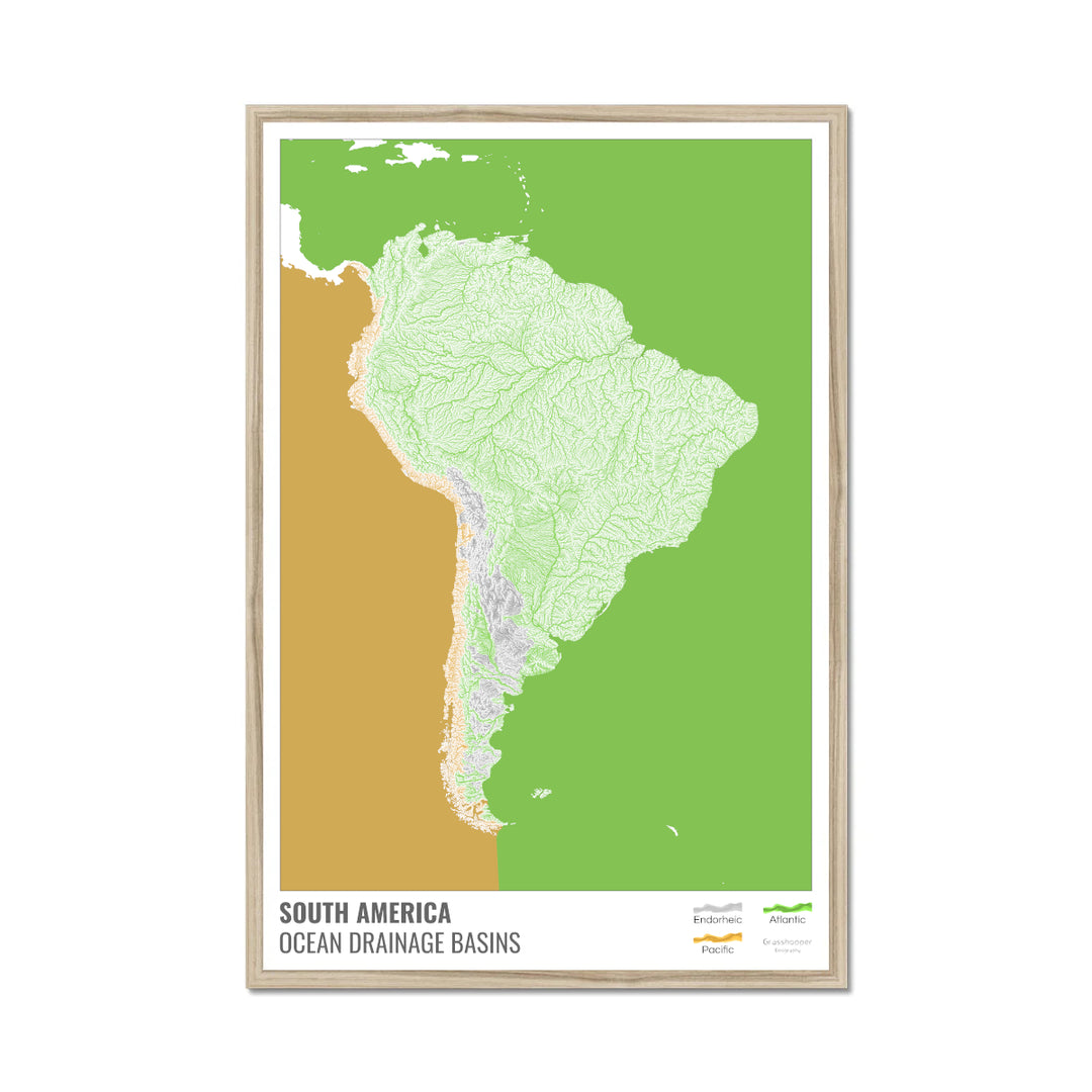 América del Sur - Mapa de la cuenca hidrográfica del océano, blanco con leyenda v2 - Lámina enmarcada