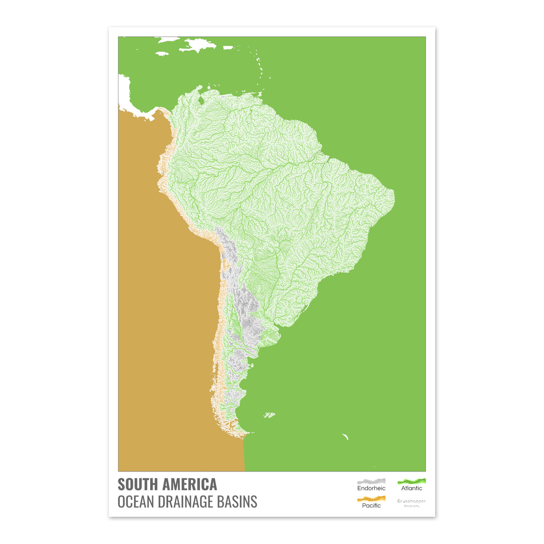 Amérique du Sud - Carte des bassins hydrographiques océaniques, blanche avec légende v2 - Tirage photo artistique