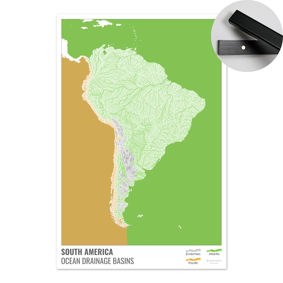 América del Sur - Mapa de la cuenca hidrográfica del océano, blanco con leyenda v2 - Impresión artística con colgador