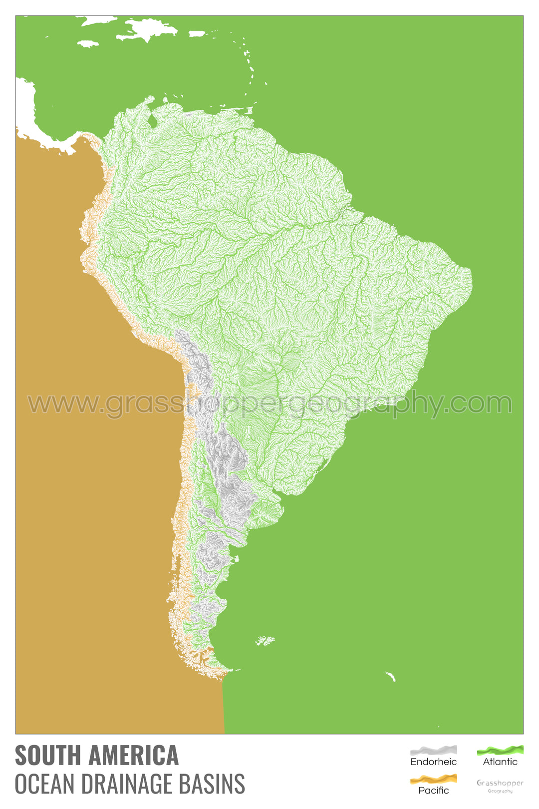América del Sur - Mapa de la cuenca hidrográfica del océano, blanco con leyenda v2 - Impresión de bellas artes