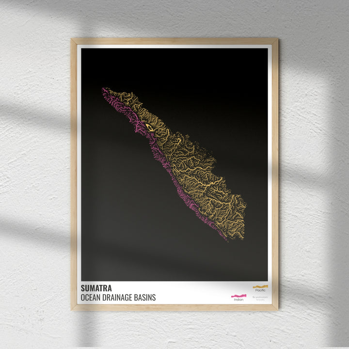 Sumatra - Carte des bassins hydrographiques océaniques, noire avec légende v1 - Fine Art Print