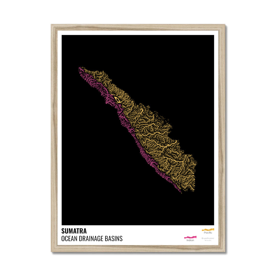 Sumatra - Ocean drainage basin map, black with legend v1 - Framed Print