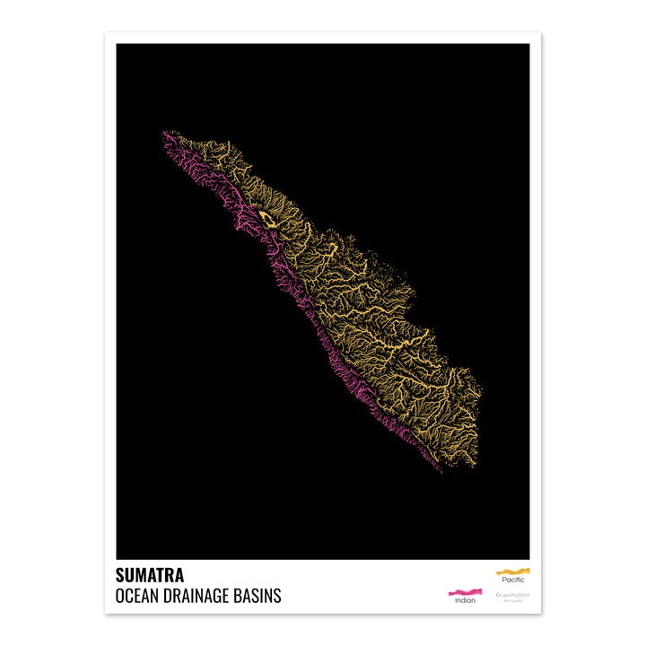 Sumatra - Mapa de la cuenca hidrográfica del océano, negro con leyenda v1 - Impresión de bellas artes