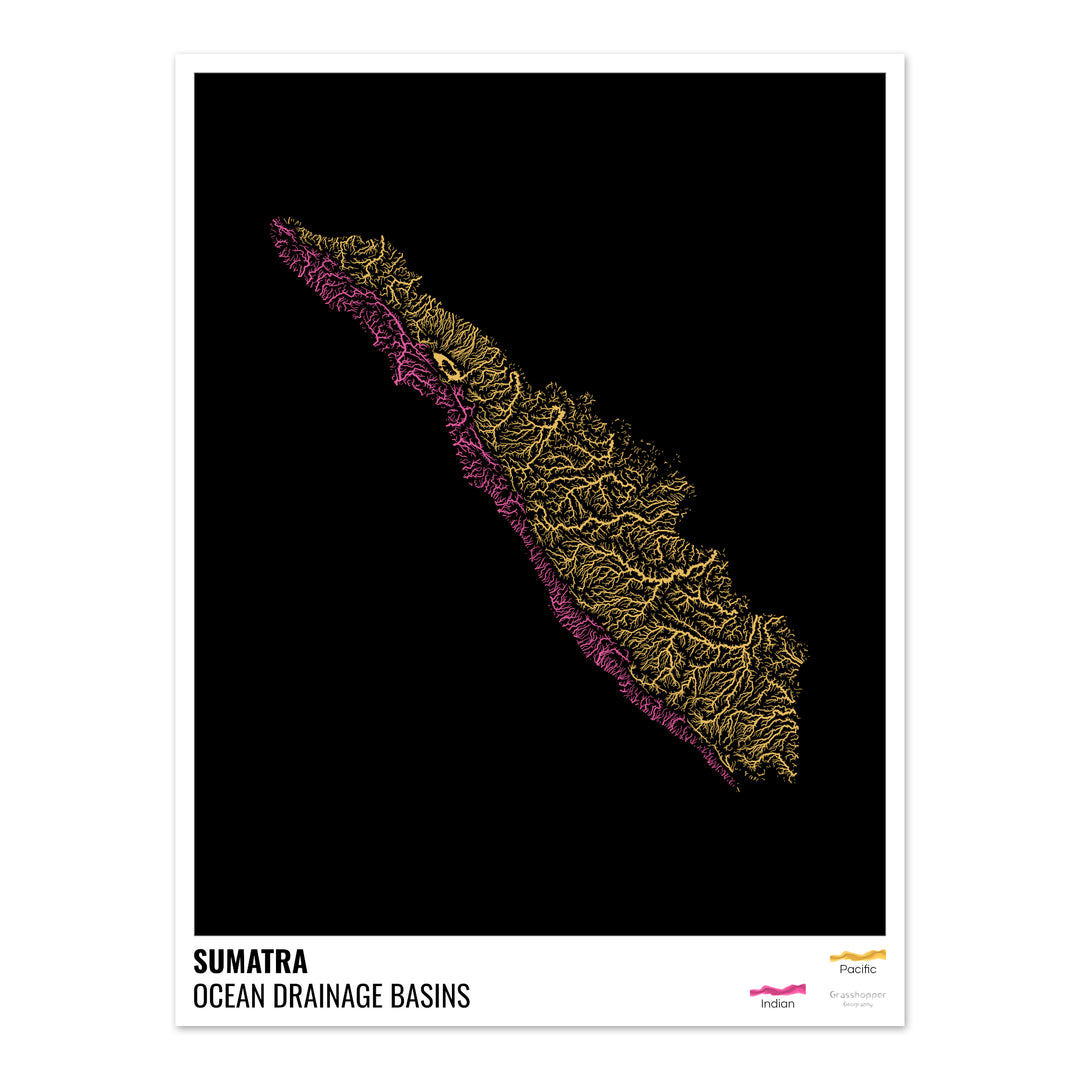 Sumatra - Mapa de la cuenca hidrográfica del océano, negro con leyenda v1 - Impresión de bellas artes