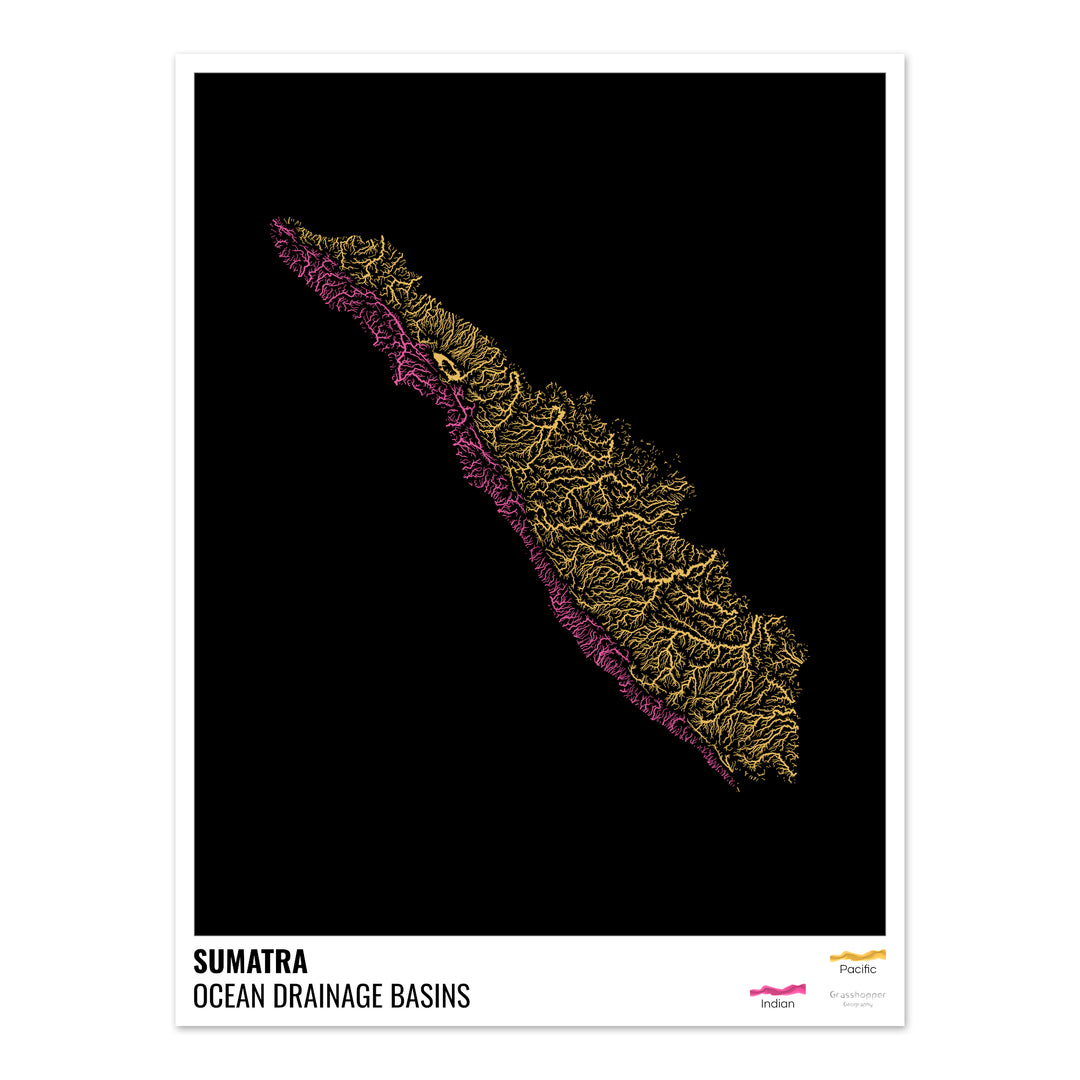 Sumatra - Mapa de la cuenca hidrográfica del océano, negro con leyenda v1 - Impresión fotográfica