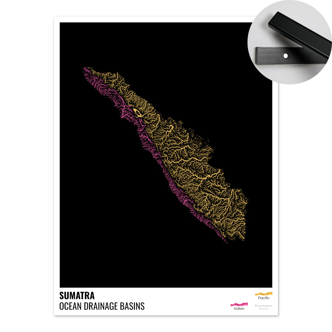 Sumatra - Carte du bassin versant océanique, noire avec légende v1 - Tirage d'art avec cintre