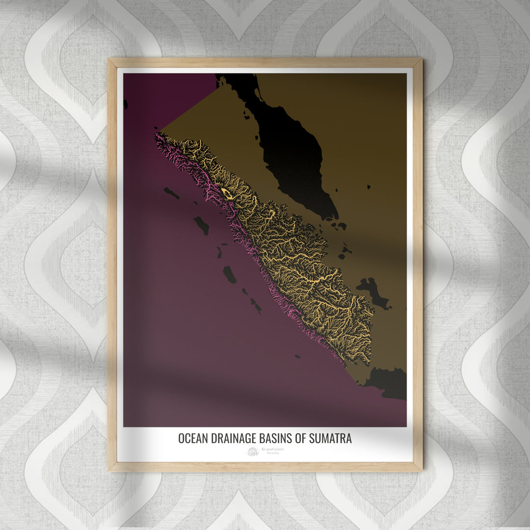 Sumatra - Carte du bassin versant océanique, noir v2 - Tirage photo artistique